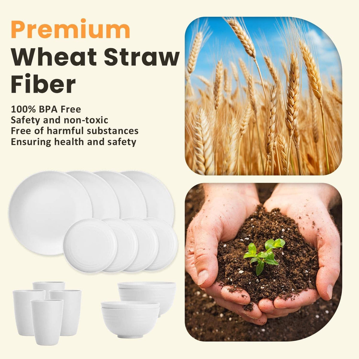 White wheat straw dinnerware set pieces with plates, bowls, and cups