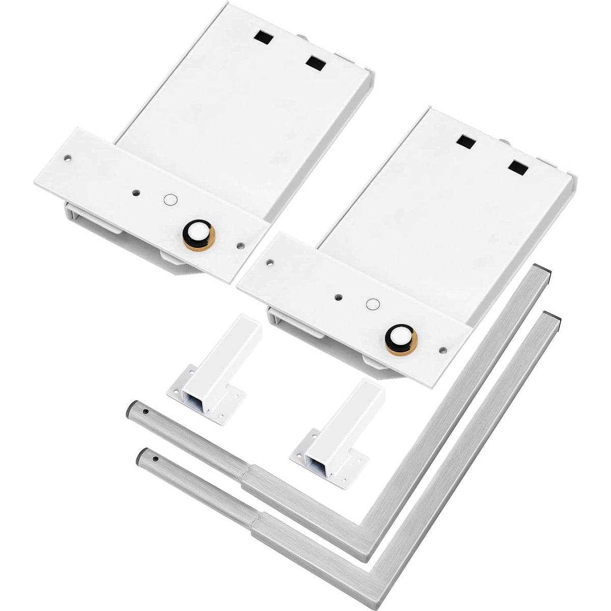 Murphy wall bed spring mechanism kit laid out: white plates, steel legs, and pins