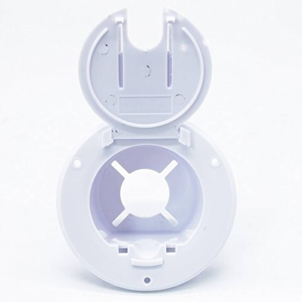 Open round white RV power cord hatch with three-prong connector opening