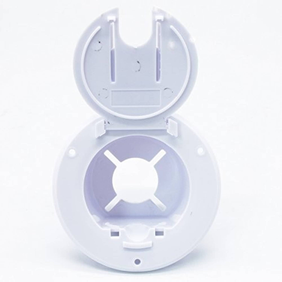 Open round white RV power cord hatch with three-prong connector opening