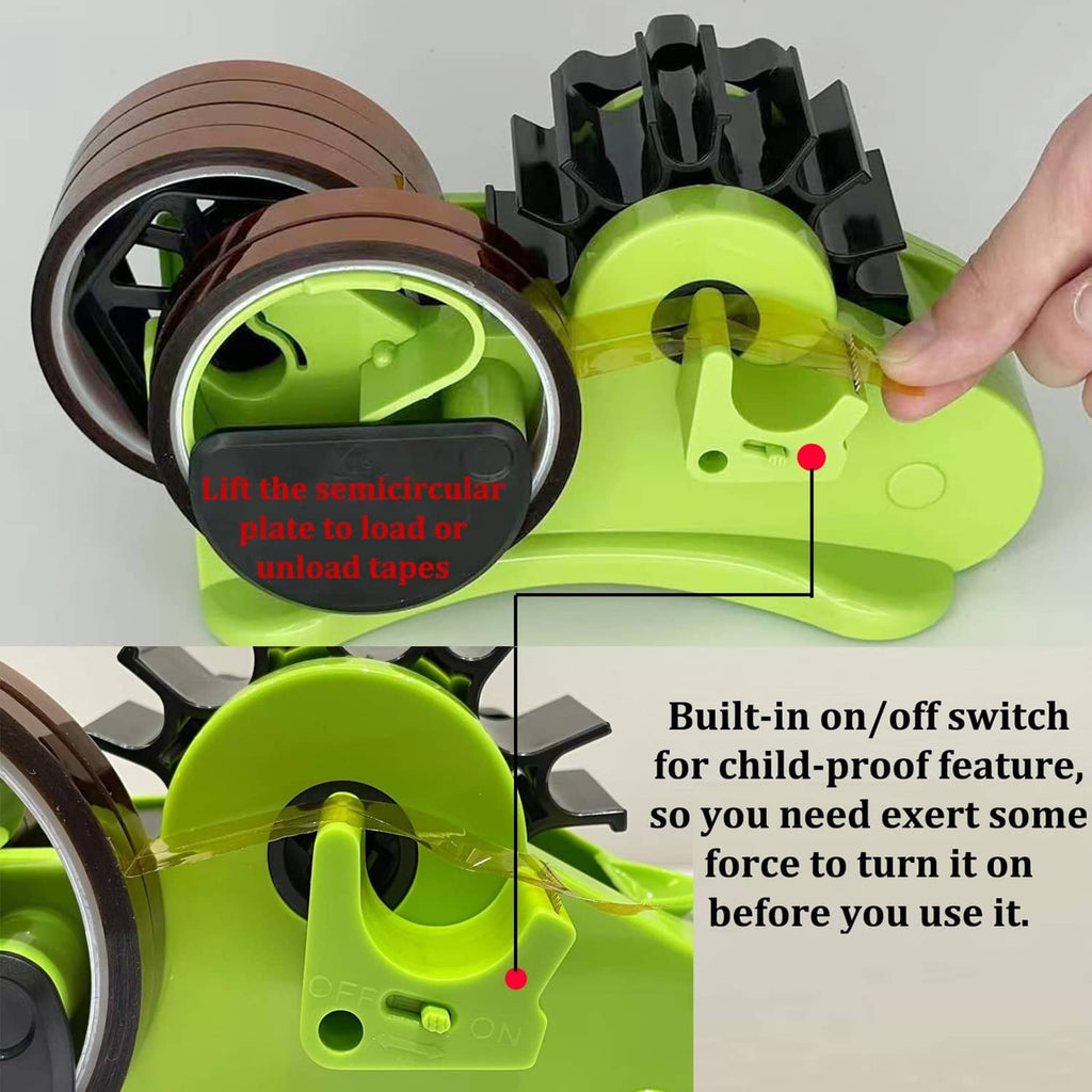 Neon green dual-core tape dispenser with brown tape reels and on/off switch detail