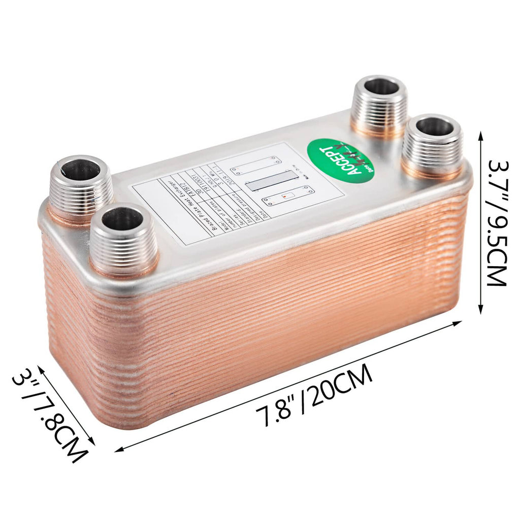Brazed plate heat exchanger with 7.8"x3.1"x7.9" dimensions and 3/4" MPT ports
