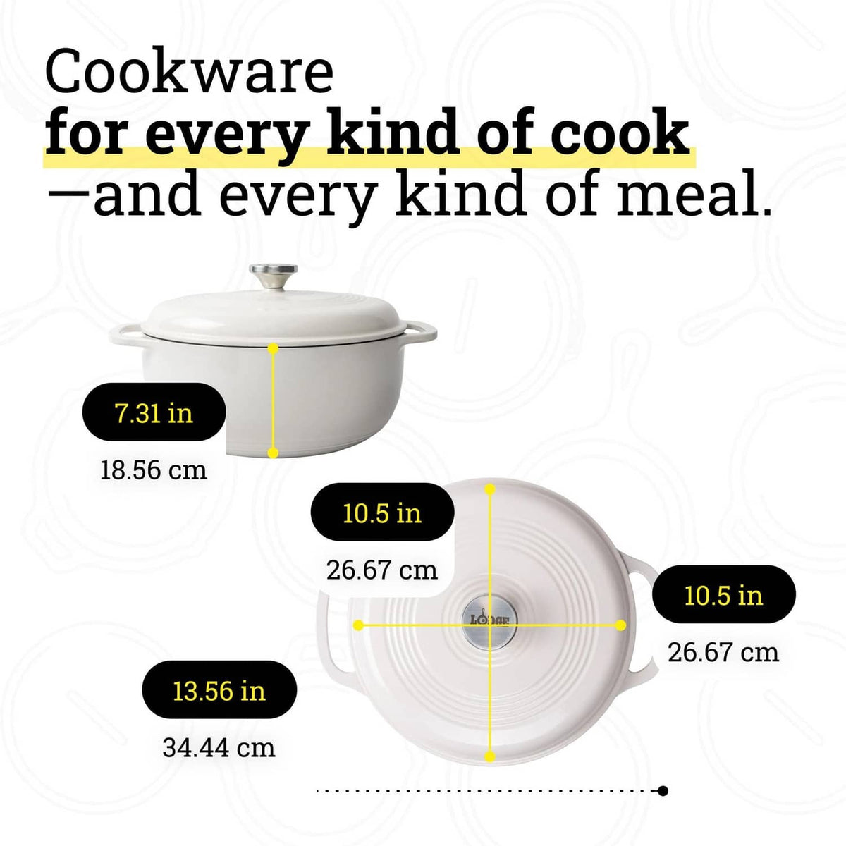 White enamel cast iron Dutch oven with lid and dimension markers diagram