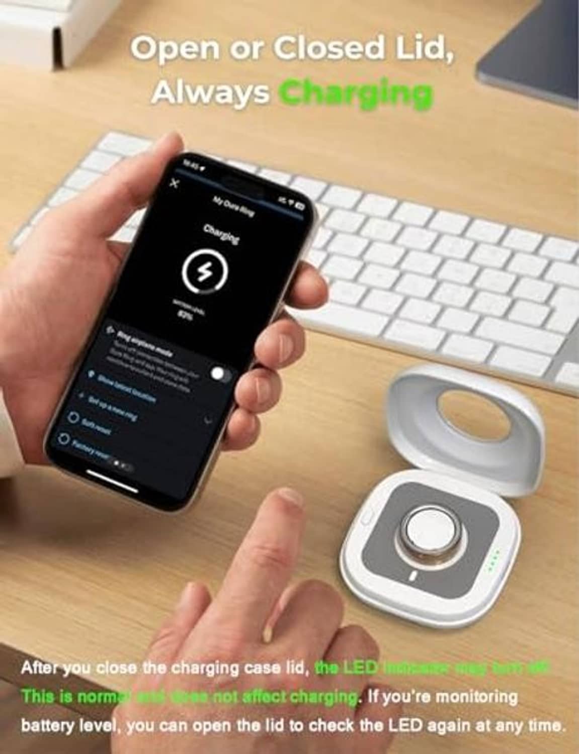 White wireless charging case with open lid, LED-lit charging cradle