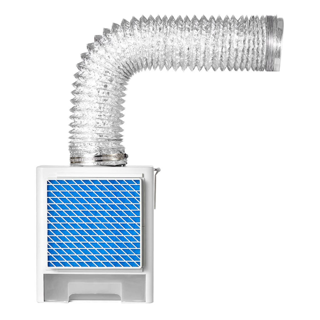 Indoor dryer vent kit with water drawer, blue filter panel and silver flexible duct