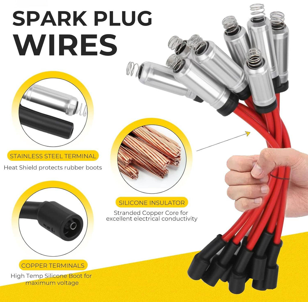 Ignition coil spark plug wire set with red and black boots and stainless terminals