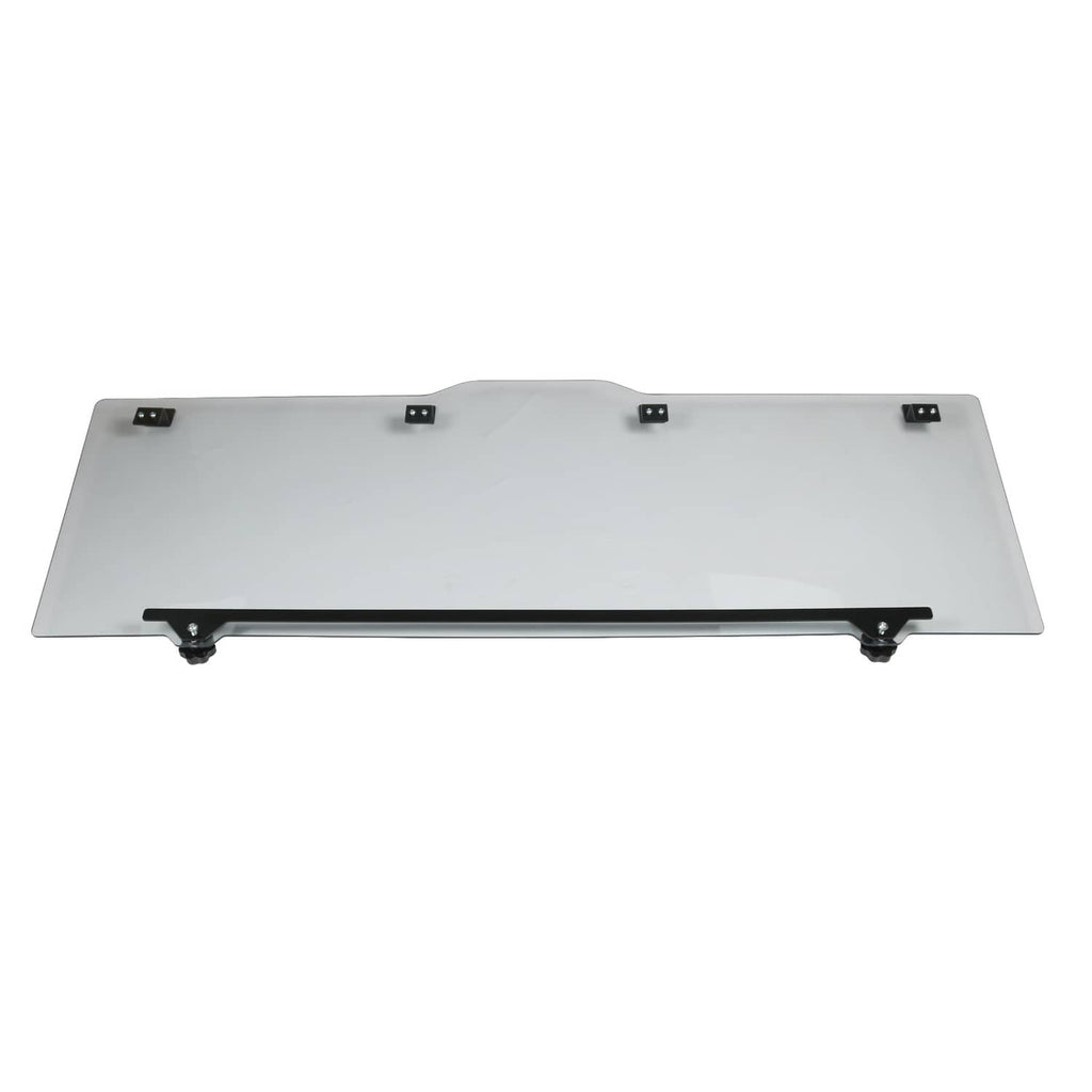 Rear sliding windshield panel window with black trim bar and four mounting points