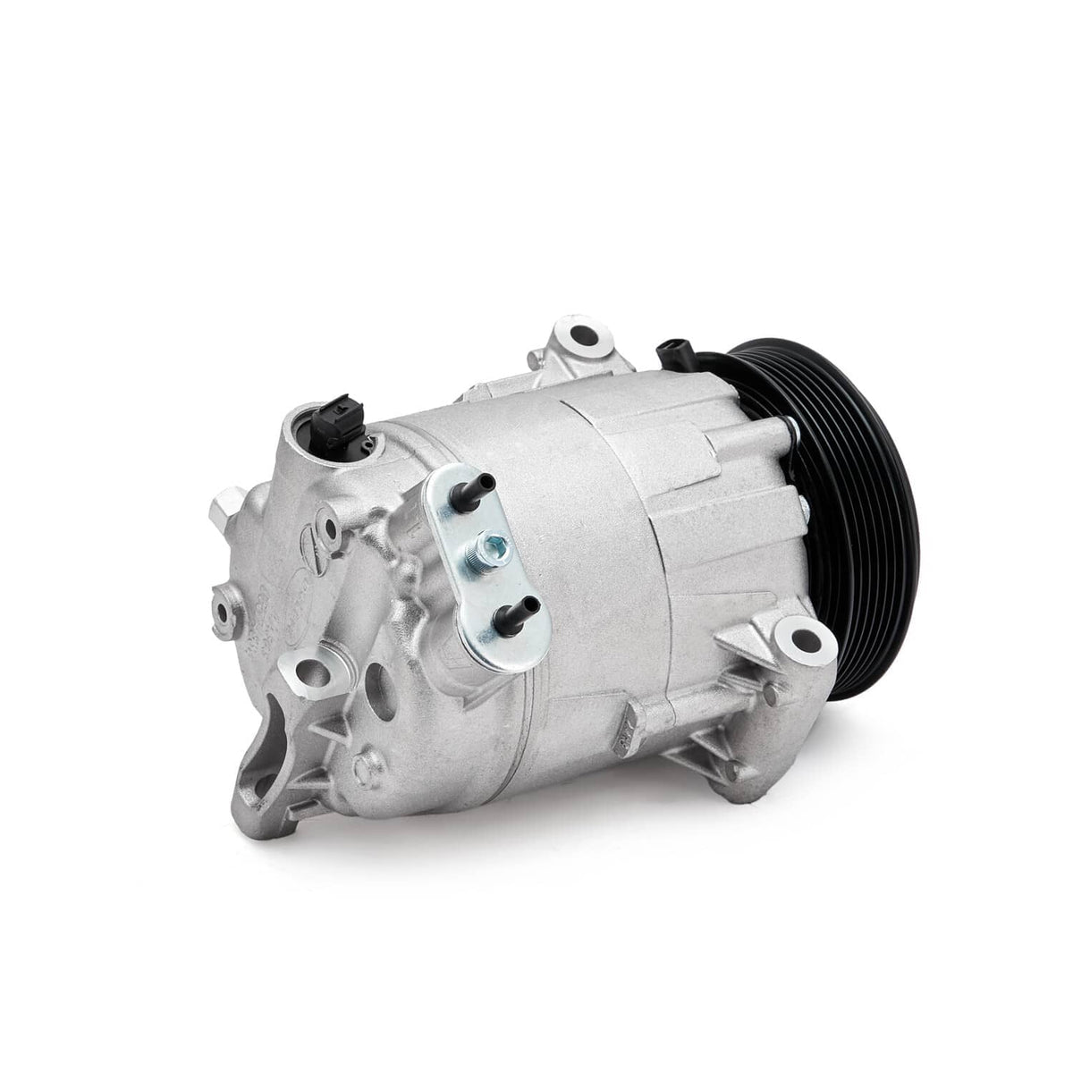 Air conditioning compressor with clutch pulley and side mounting brackets, silver body.