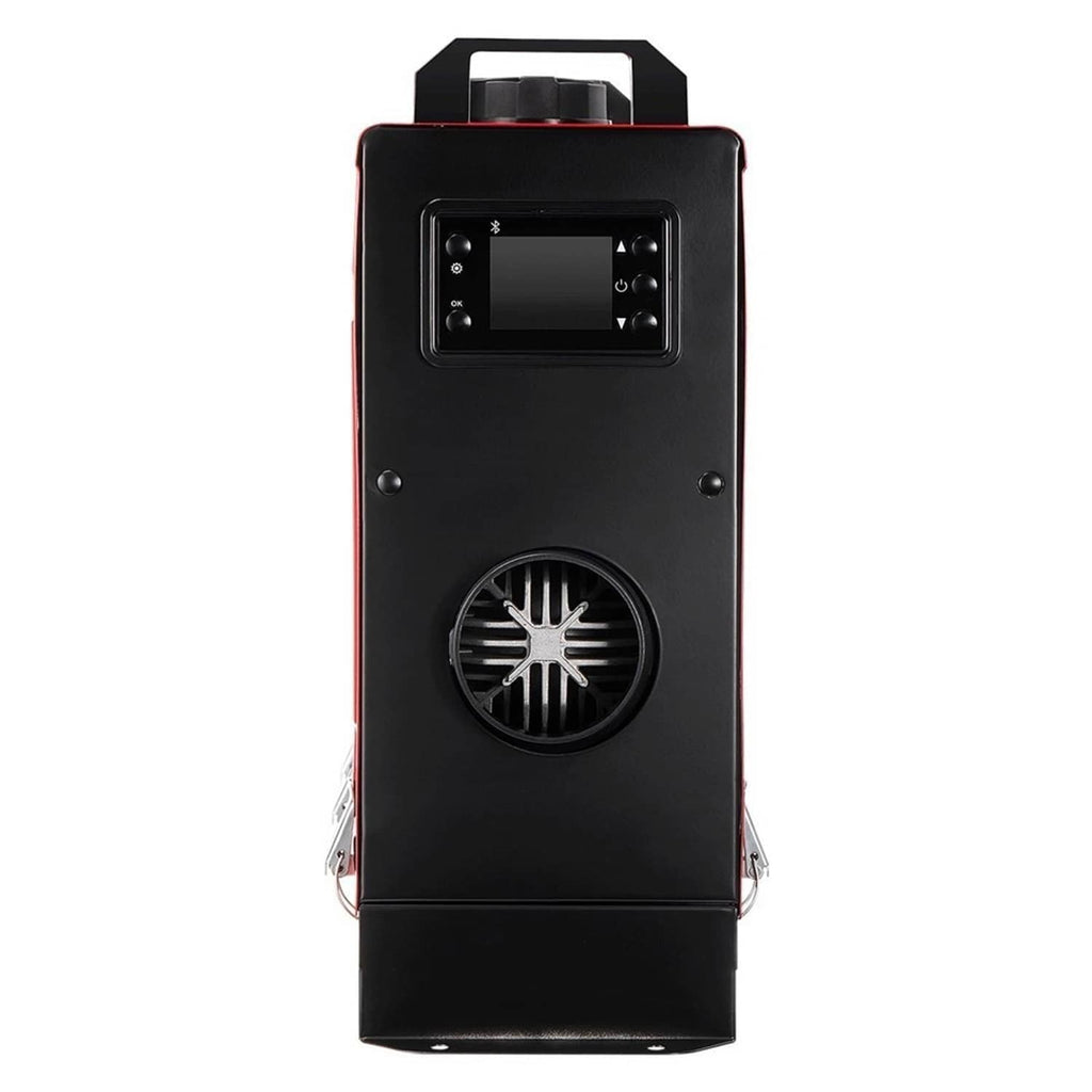 Black diesel air heater with top cover and front screen, rear view