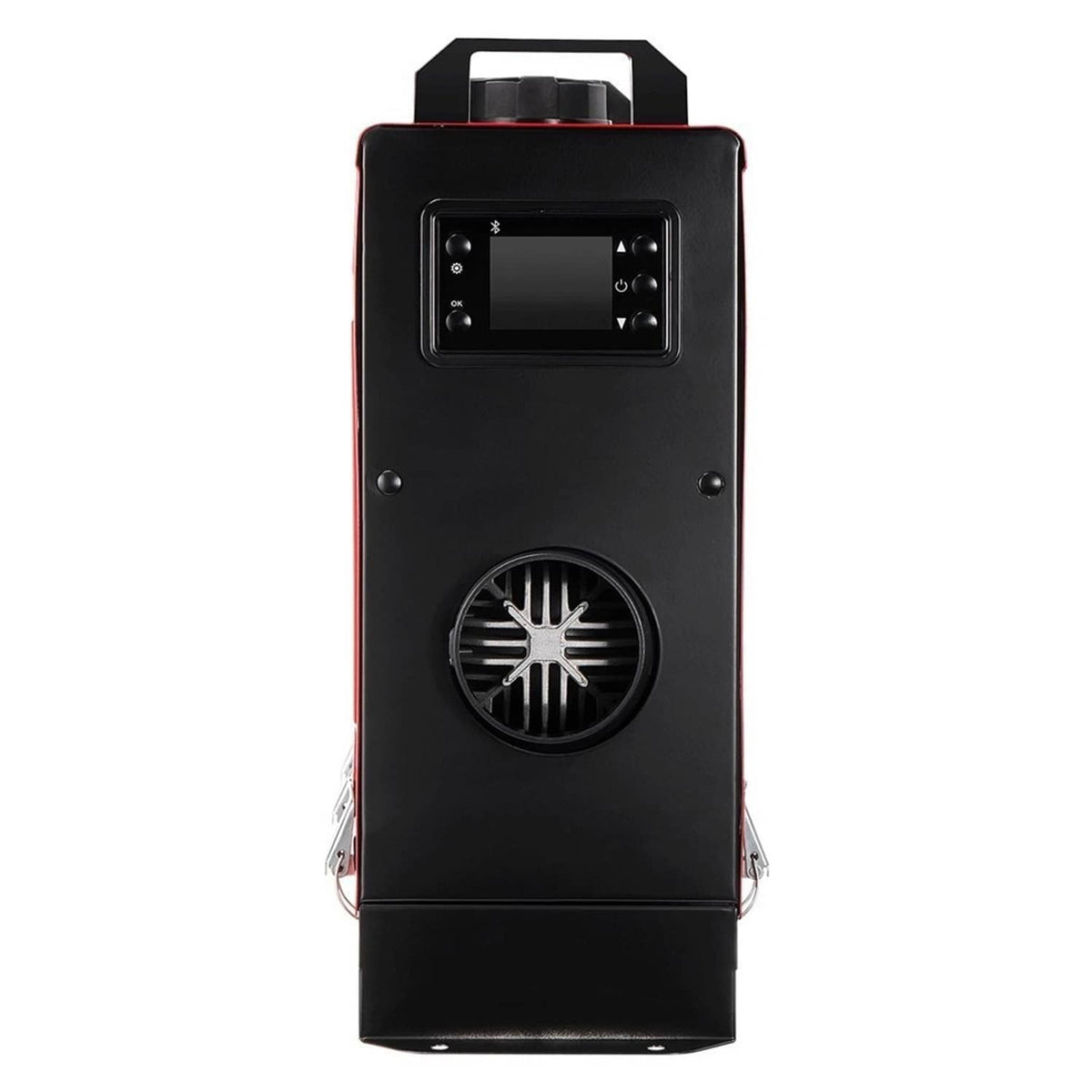 Black diesel air heater with top cover and front screen, rear view