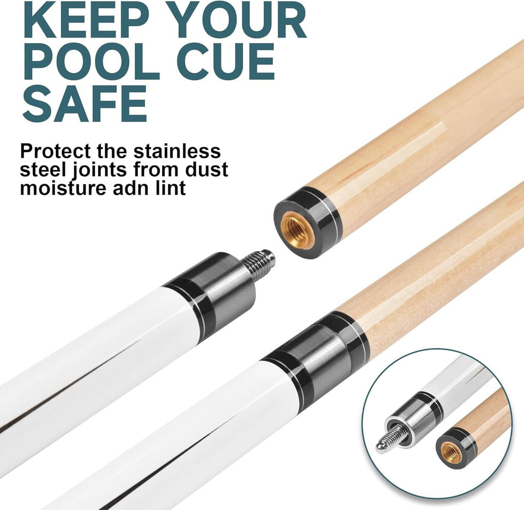 Pool cue joint close-up with stainless steel joint cover and wooden shafts
