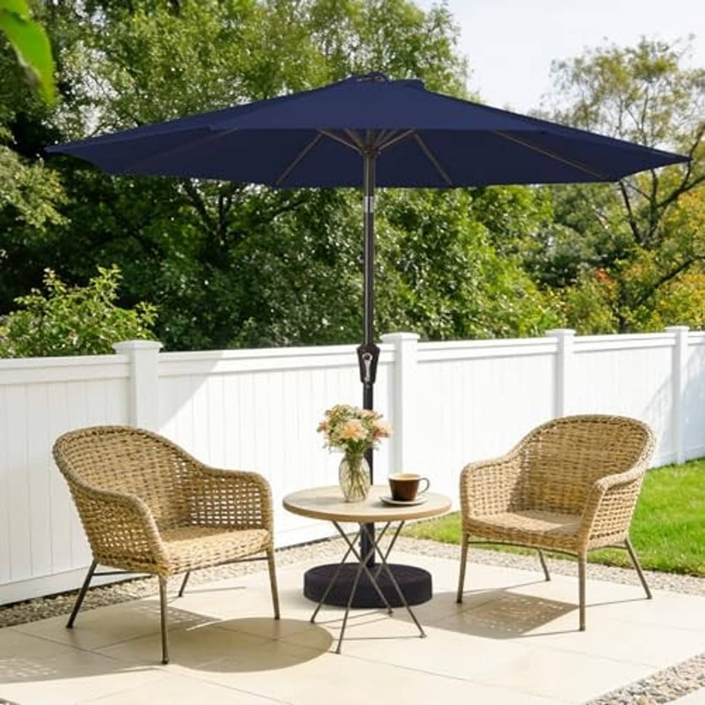 Navy patio table umbrella open canopy over patio seating, straight metal pole