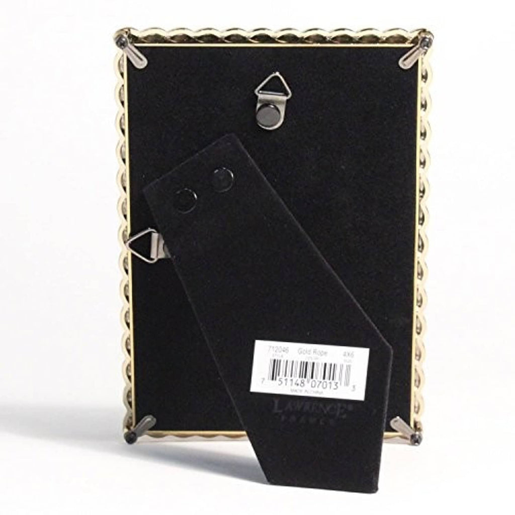 Gold rope-design metal photo frame back with black panel, hooks, and barcode label.
