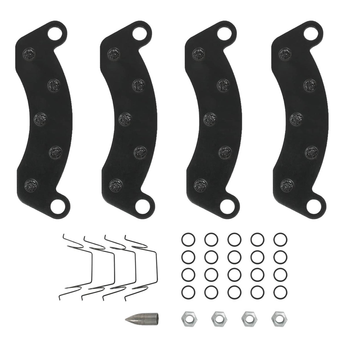 Dark trailer disc brake pad kit with four curved pad sets and small mounting hardware
