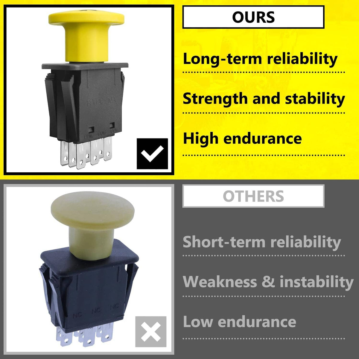 PTO switch diagram showing yellow top, black housing, and metal contact pins