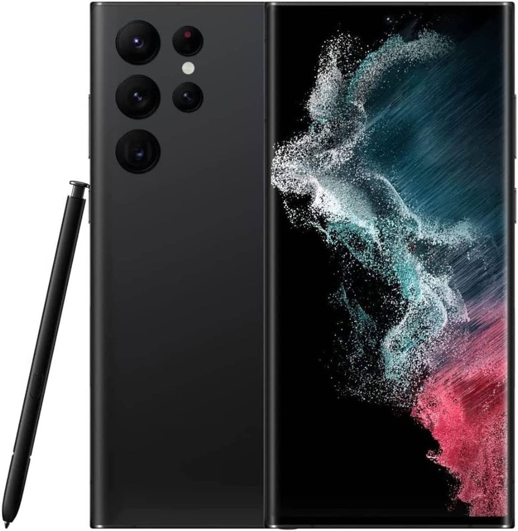 Black Bluetooth S Pen stylus beside smartphone with multi-camera back
