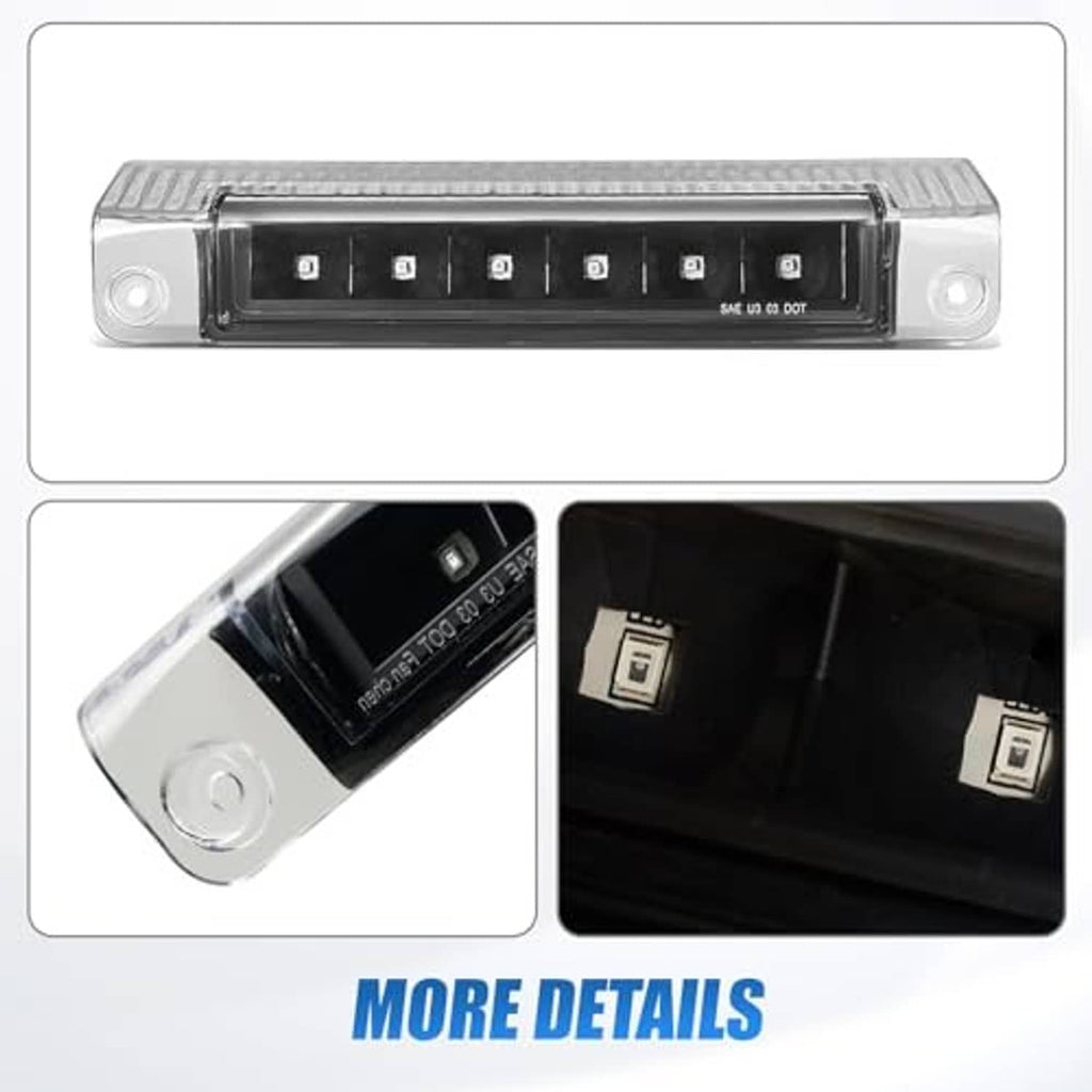 Third brake light details: clear lens, black housing, and LED module close views