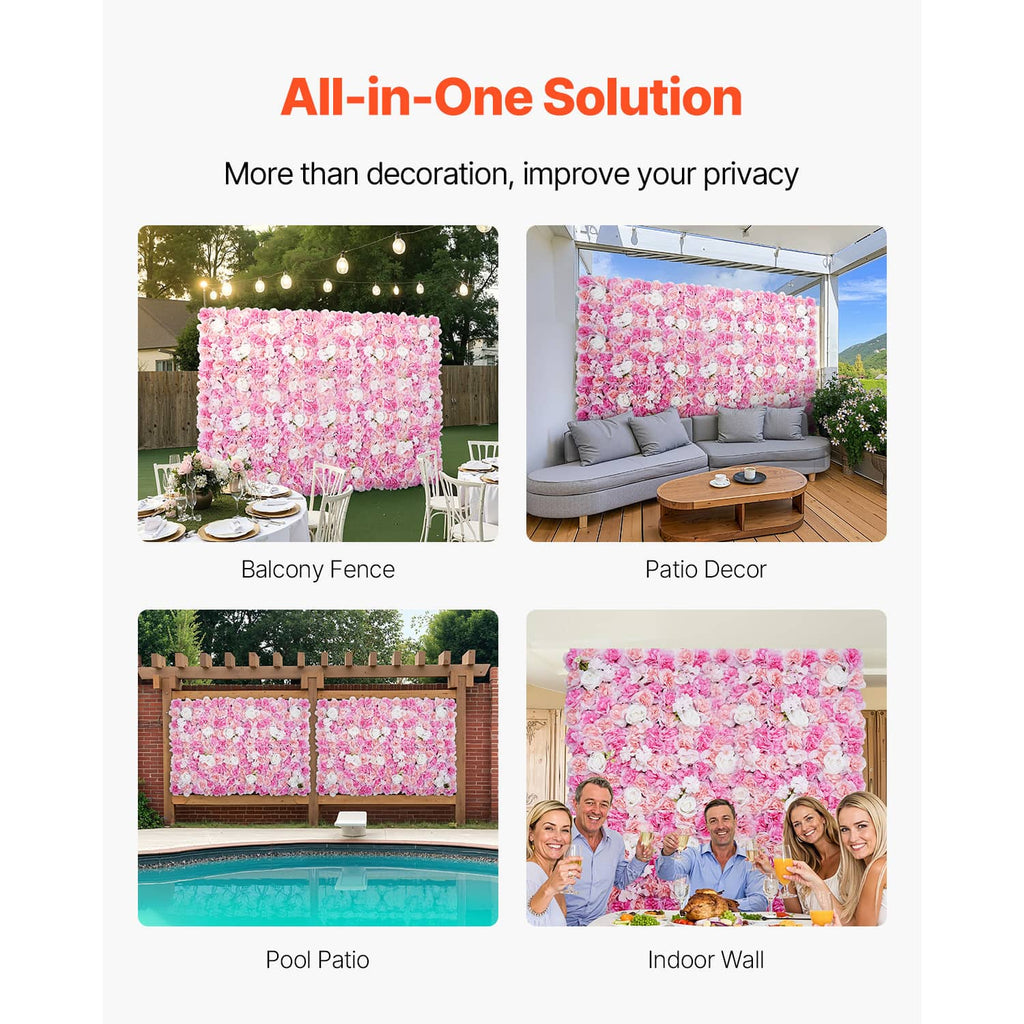 Artificial pink flower wall privacy panel mat with dense 3D petals for decoration