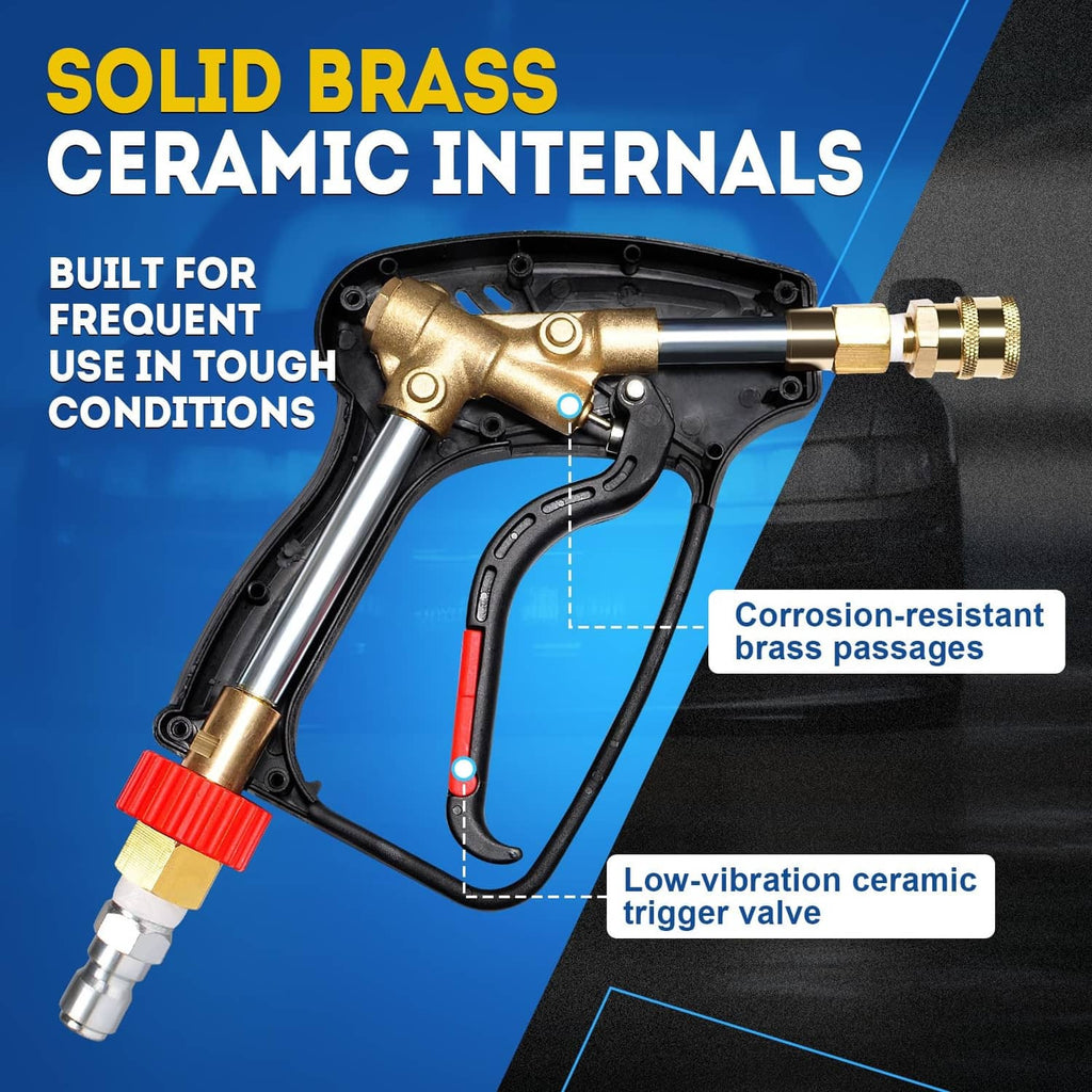 Black pressure washer gun with visible brass internal parts and ceramic trigger valve