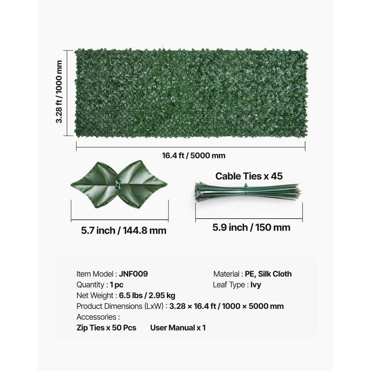 Faux ivy leaf fence screen with mesh backing, dimensions and installation ties shown
