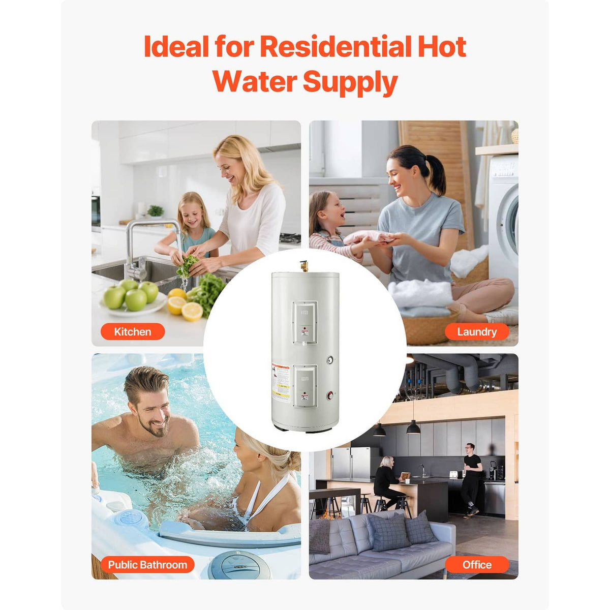 Electric water heater shown for home hot-water use in kitchen, bathroom, laundry, office