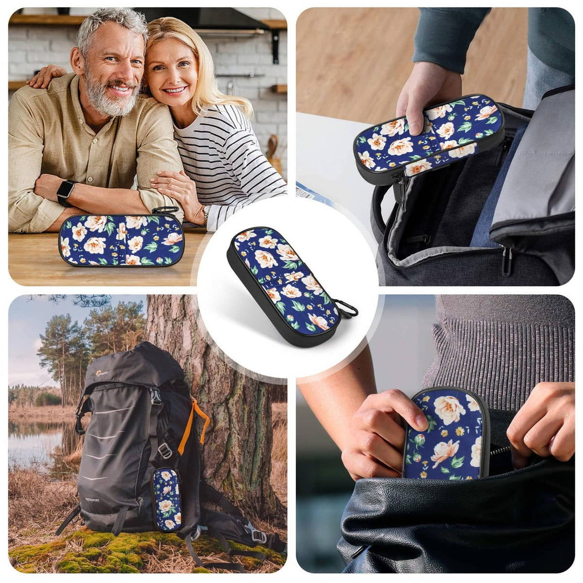 Floral insulin cooler travel case in use, roses navy pattern