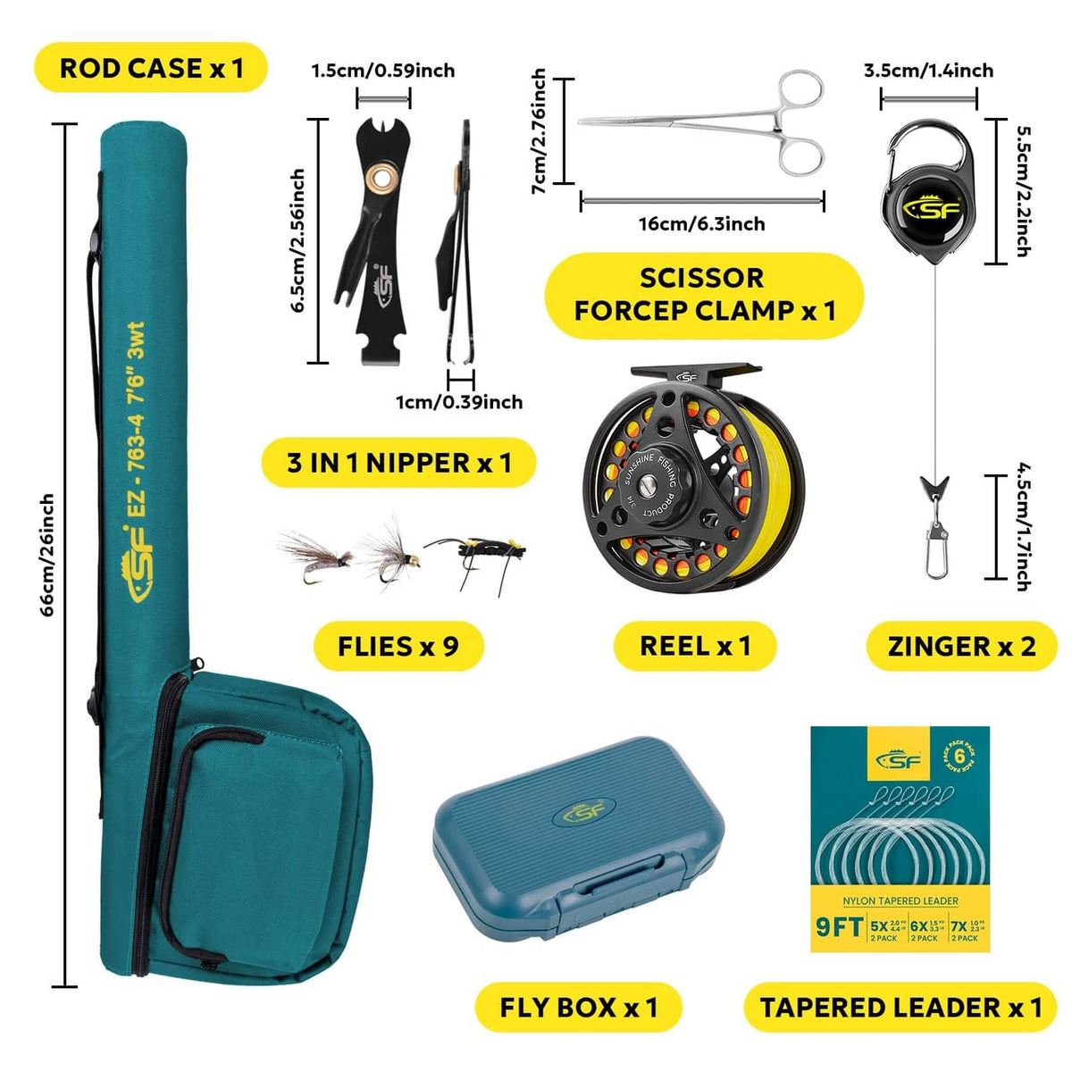 Teal fly fishing rod kit components with case, reel, flies, tapered leader and fly box
