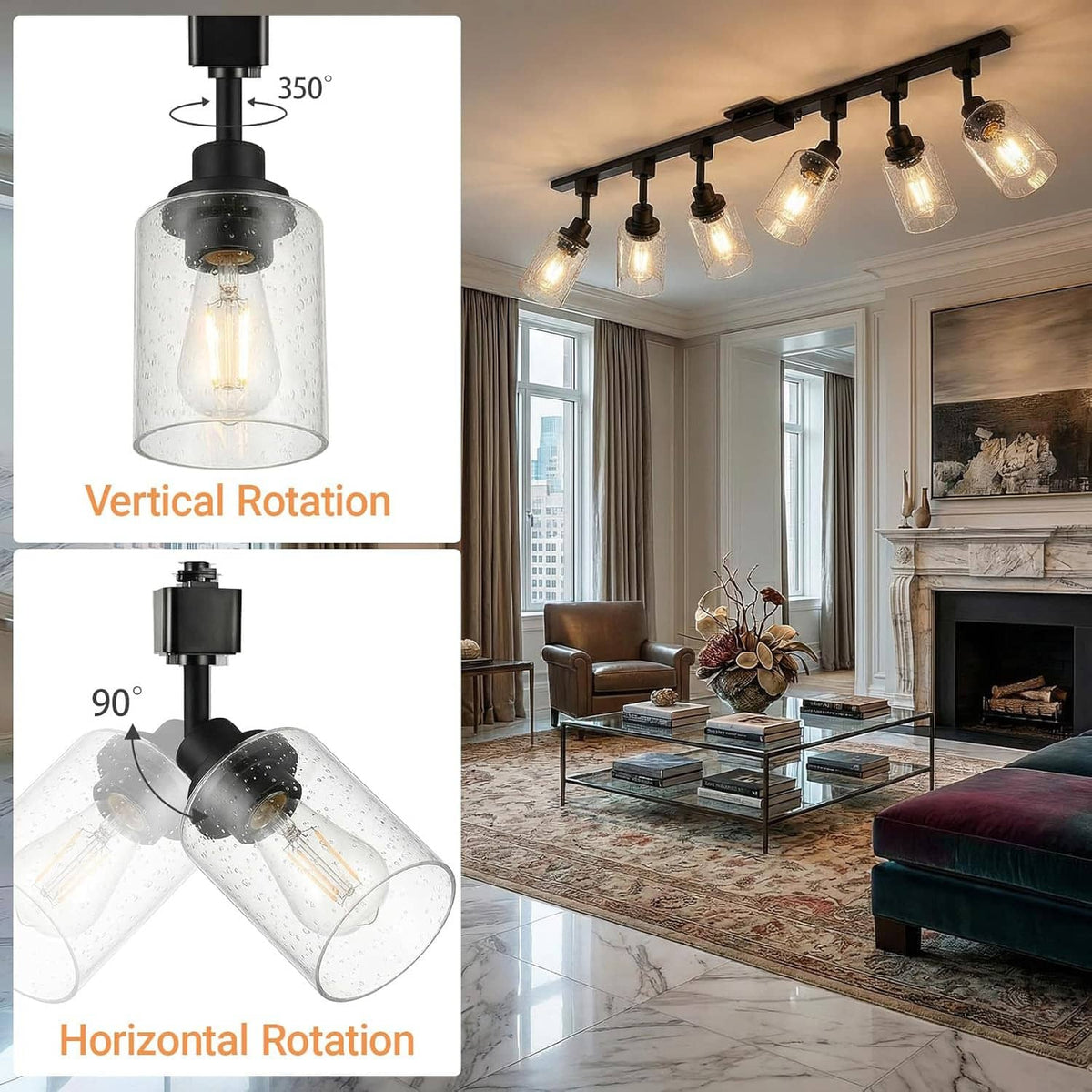 Black H-type track lighting head with seeded glass shade, shown on ceiling mount