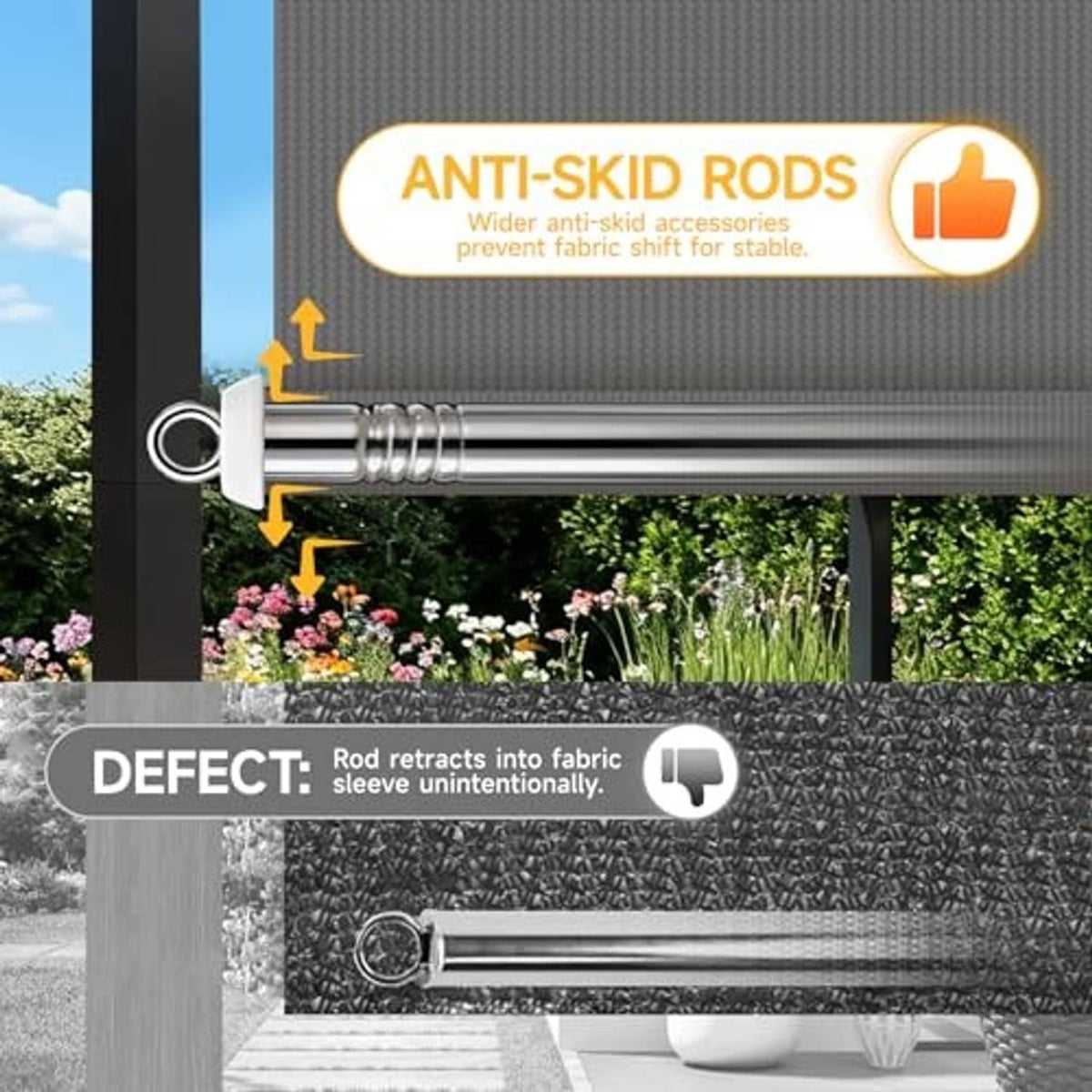 Anti-skid weighted rod inside fabric sleeve with grommets for pergola shade cover