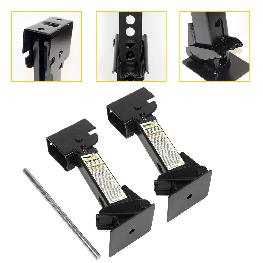 Two black swing-down stabilizer jack assemblies with crank rods and mounting brackets
