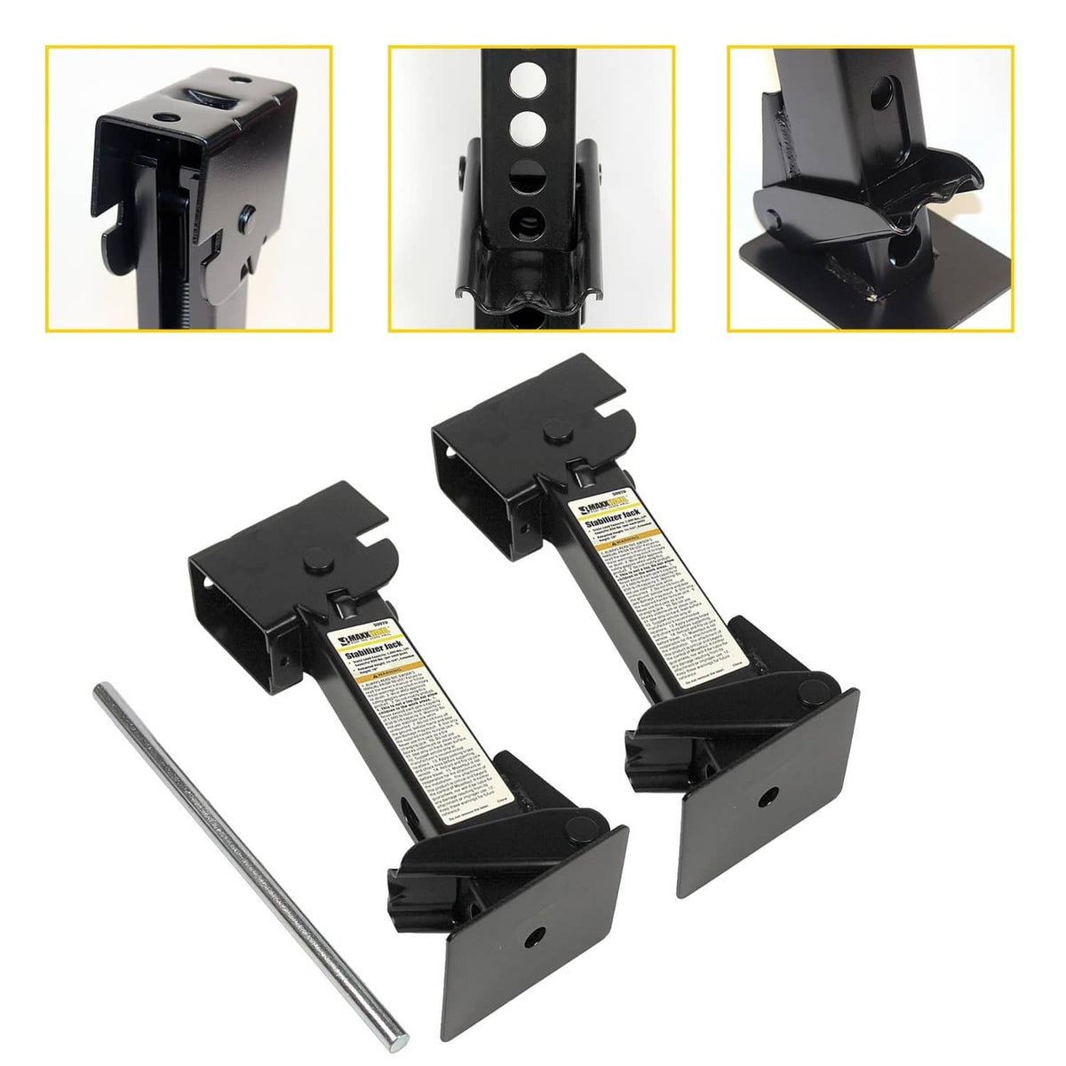 Two black swing-down stabilizer jack assemblies with crank rods and mounting brackets