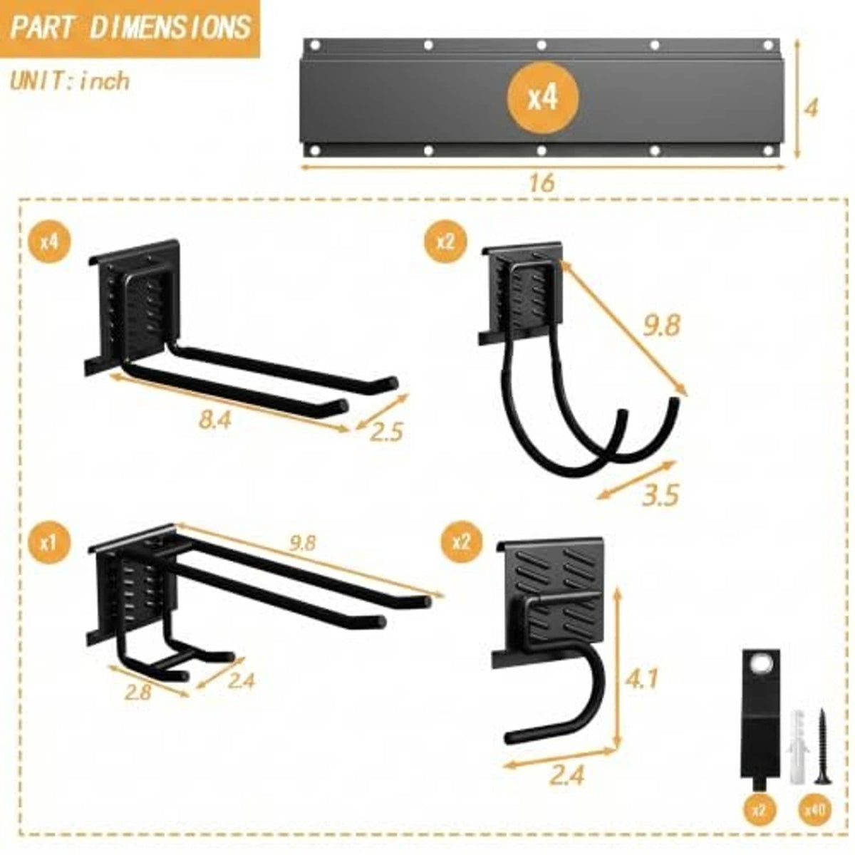 Black wall rack mounting components with hook rails and brackets