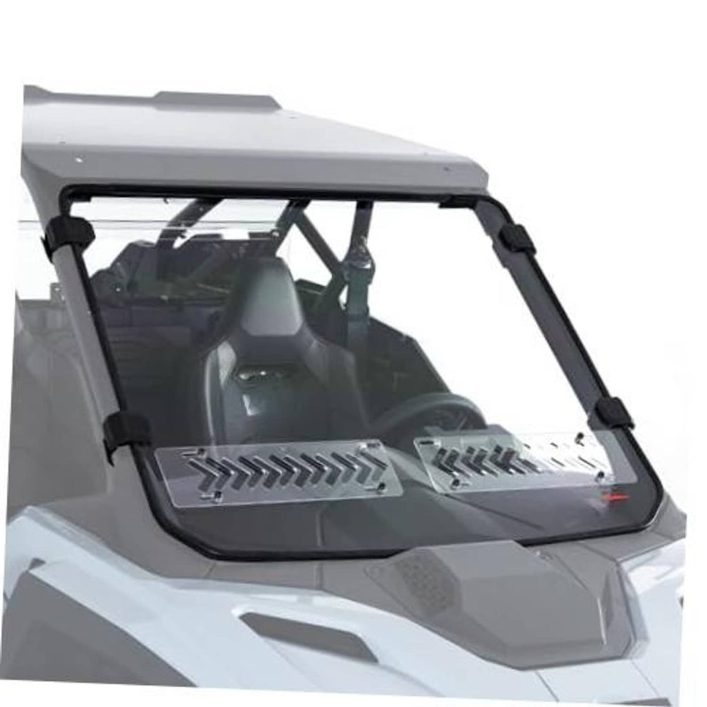 Dark-tinted UTV windshield with black frame and sliding vent window