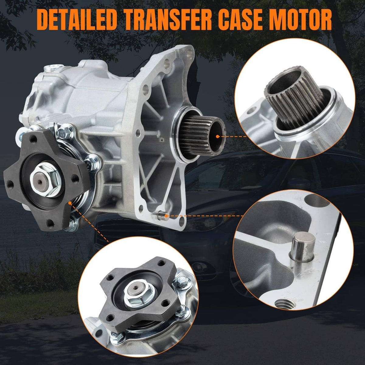 Transfer case assembly with detailed transfer gear housing and close-up inset