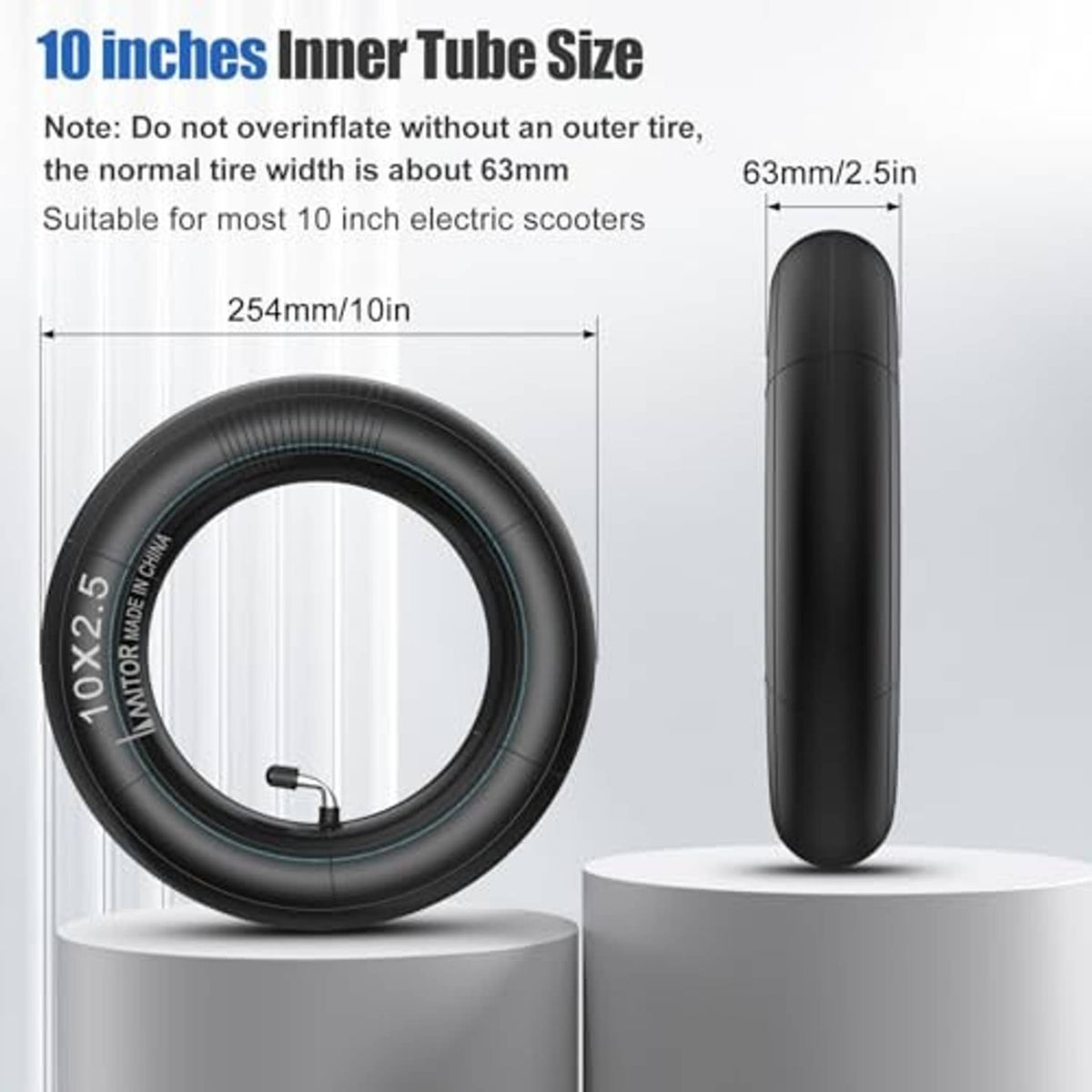 Black 10x2.5 scooter inner tube with air valve, shown with length and width
