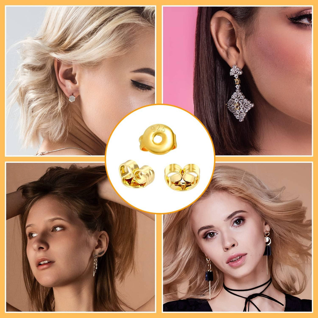 Gold butterfly earring backs shown in circular inset