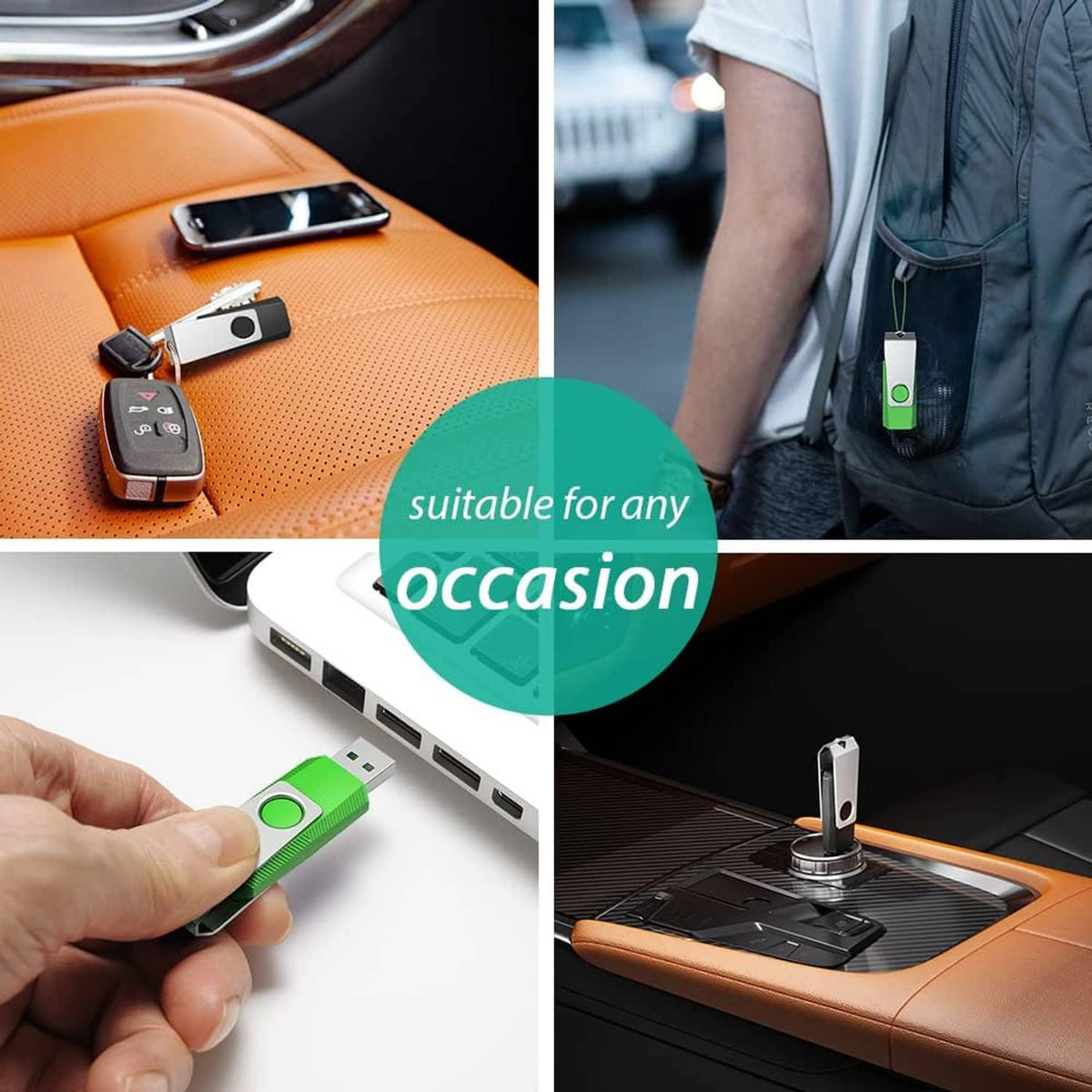 Green LED USB flash drive with lanyard, shown in car and on connected devices