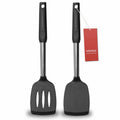 Pair of black silicone cooking spatulas with stainless steel shafts and hanging holes