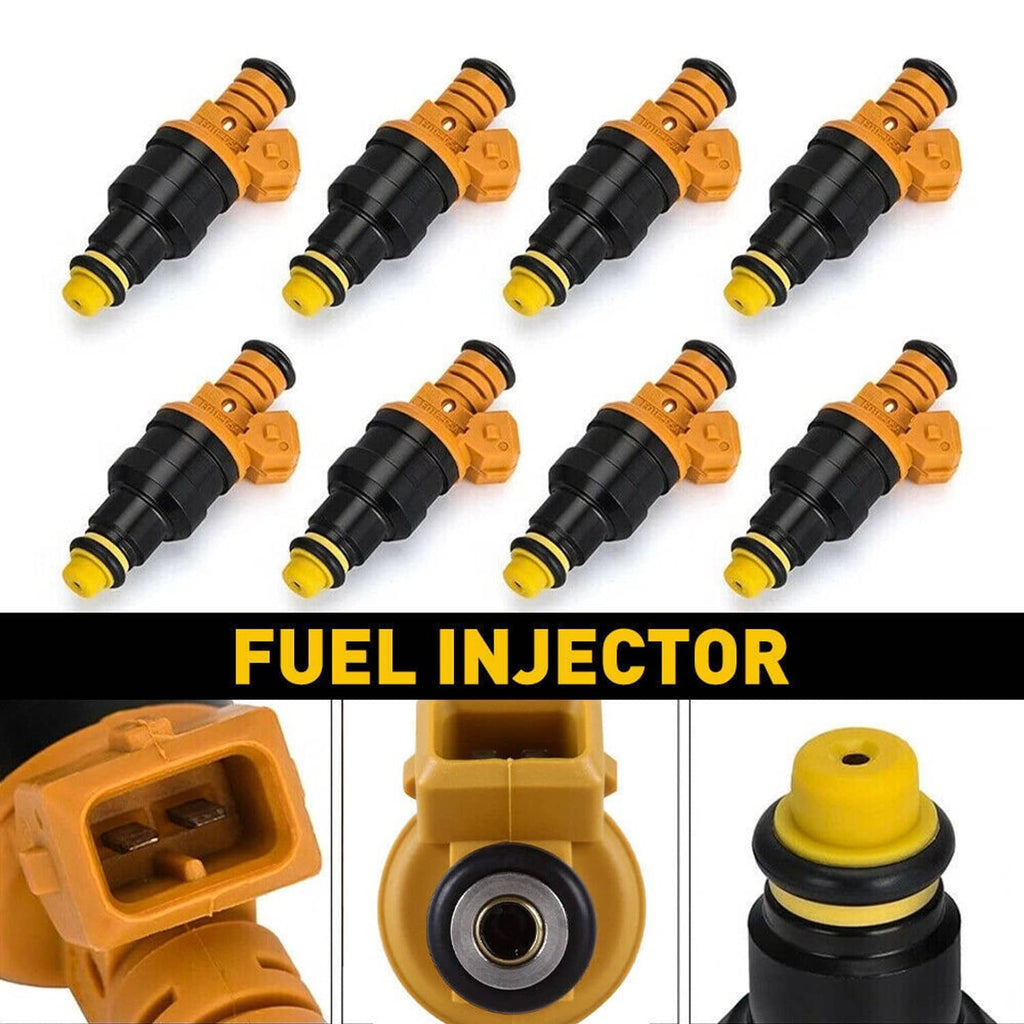 Fuel injector set with orange top, black body, and yellow o-ring; includes connector close-up