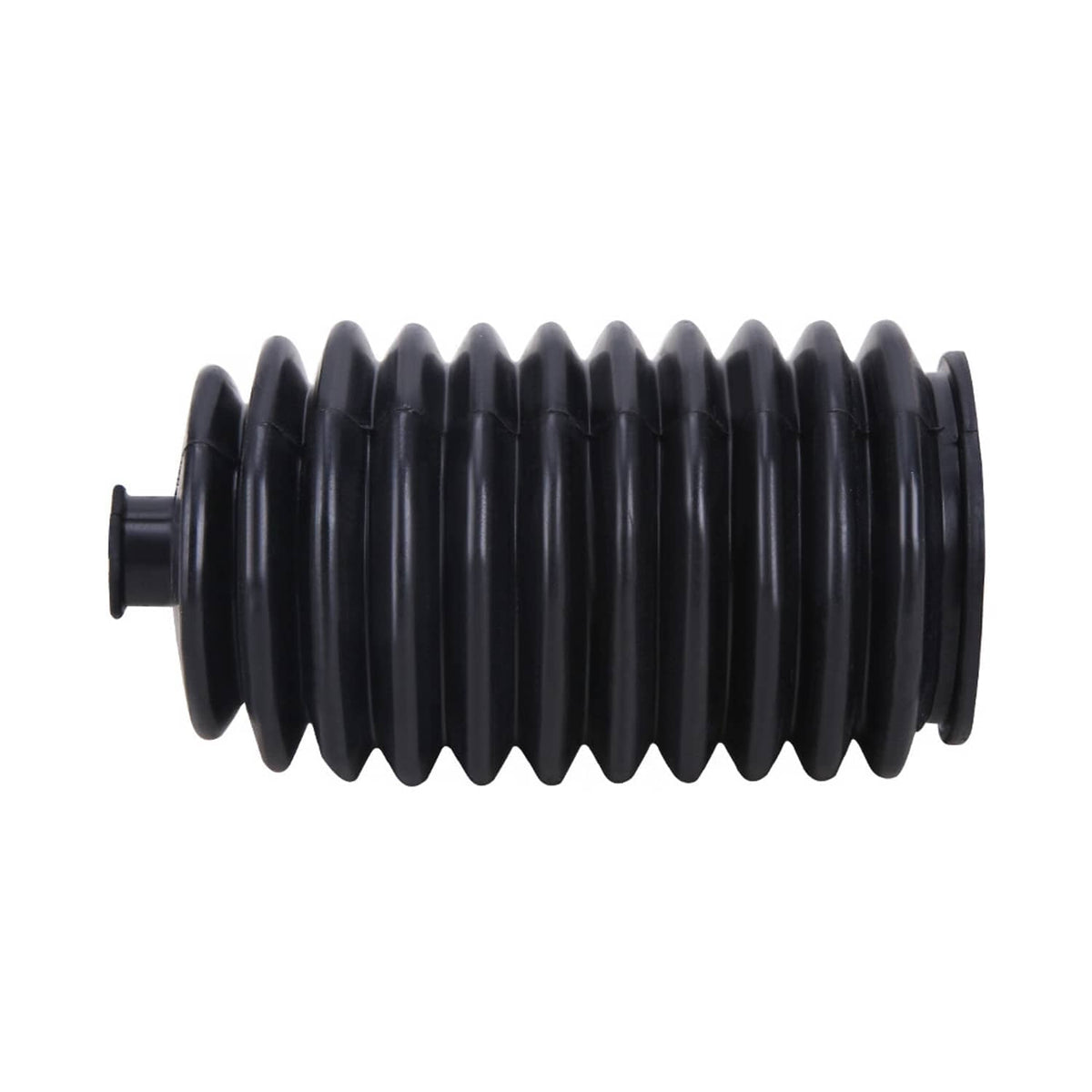 Black steering rack pinion boot, ribbed accordion bellows with small side protrusion