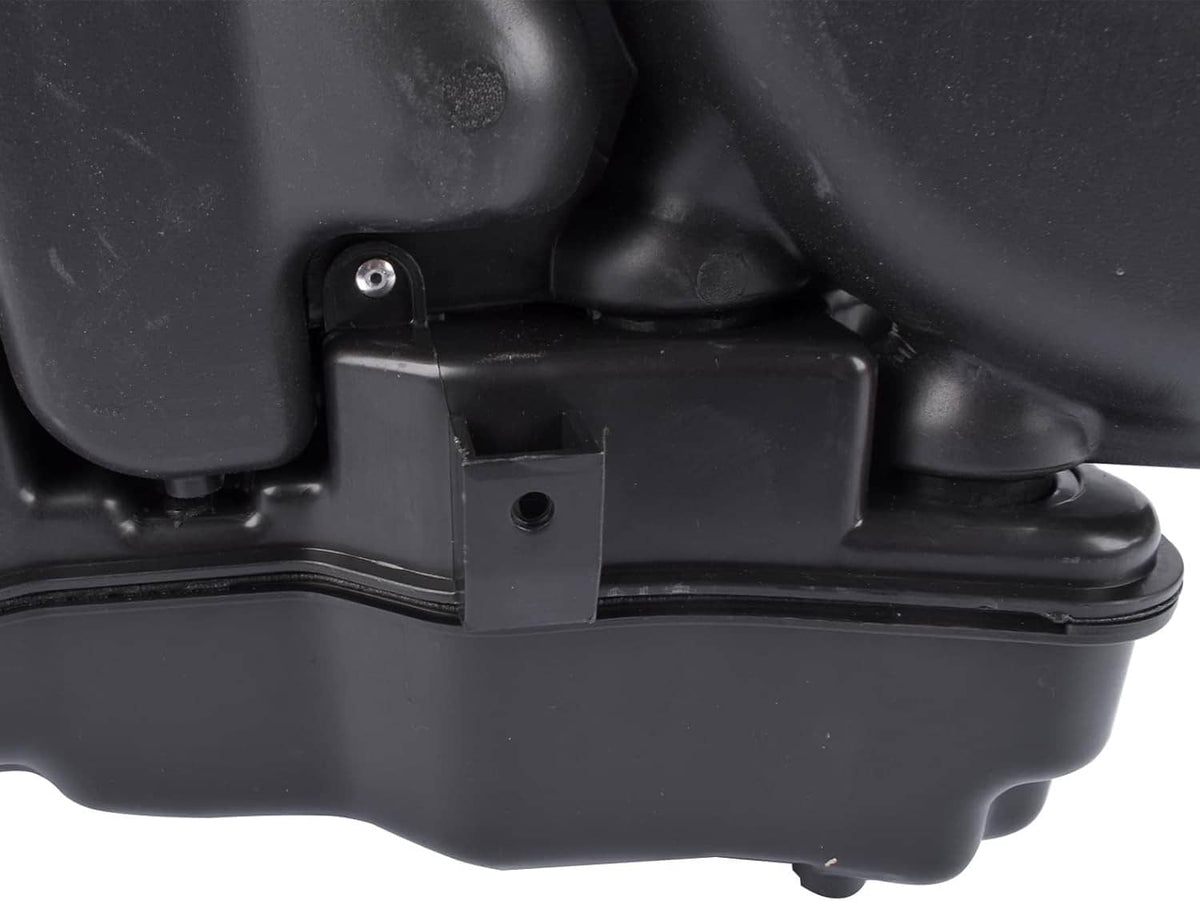 Black air intake resonator base with fastener holes and molded connector panel