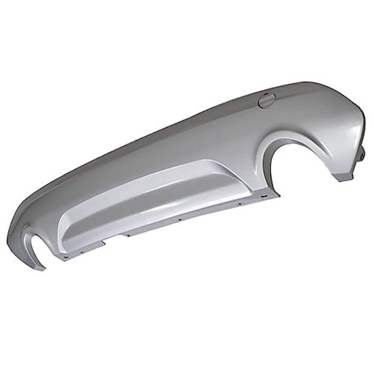 Silver rear lower bumper cover part, angled view with dual opening cutouts