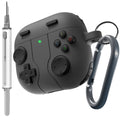 Black AirPods 4 game case with controller buttons and keychain ring, front view