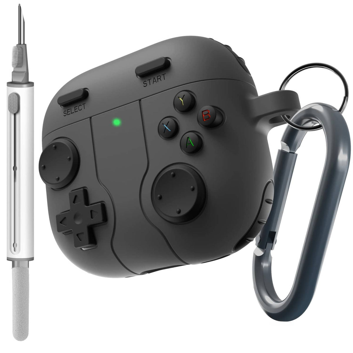 Black AirPods 4 game case with controller buttons and keychain ring, front view