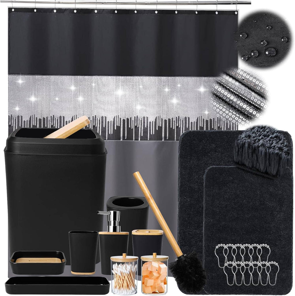 Black bathroom set bundle with shower curtain, dispensers, bamboo accents, and bath rug