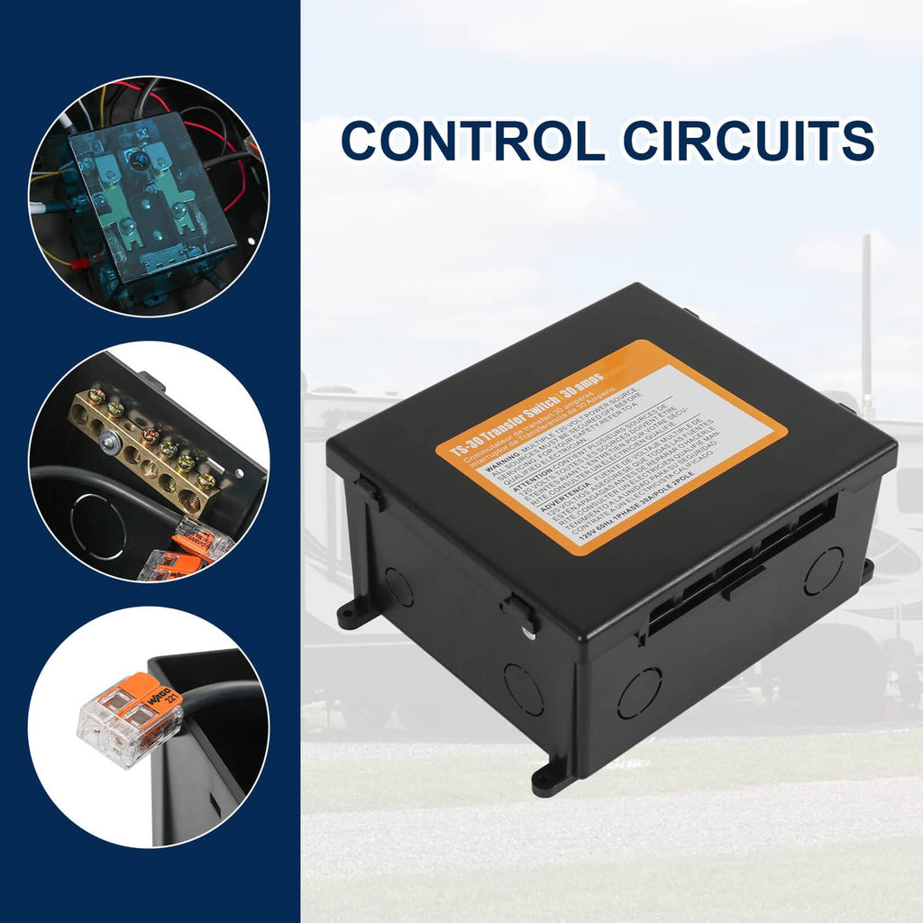 Automatic transfer switch control circuits box with circuit board and terminal connections