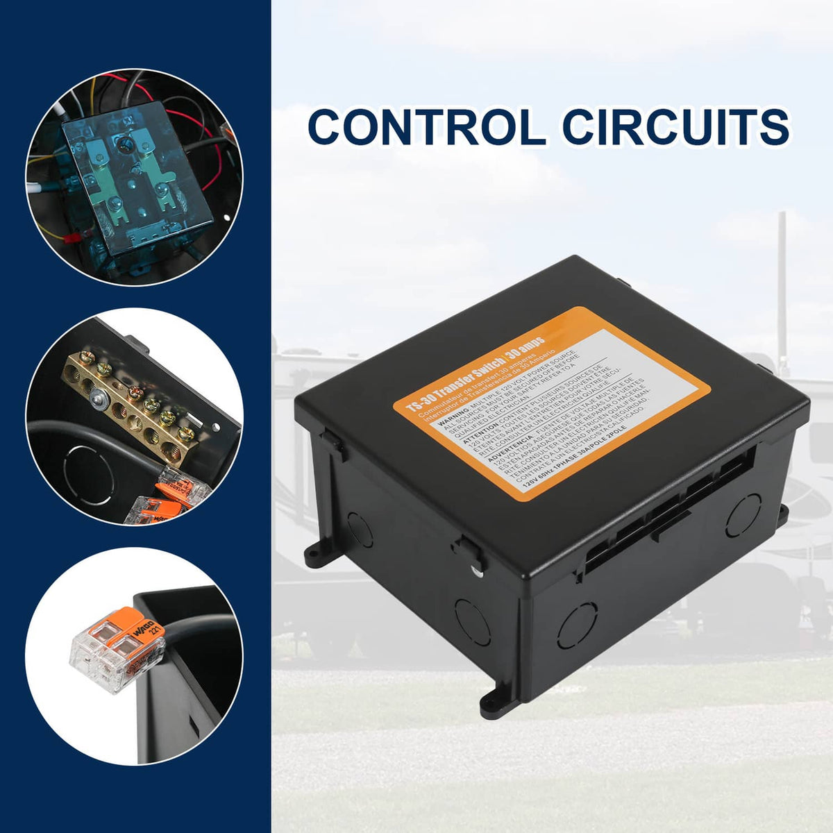 Automatic transfer switch control circuits box with circuit board and terminal connections