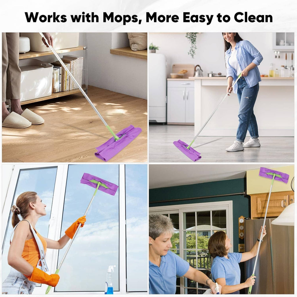 Purple microfiber cleaning cloth attached to a mop for floor cleaning