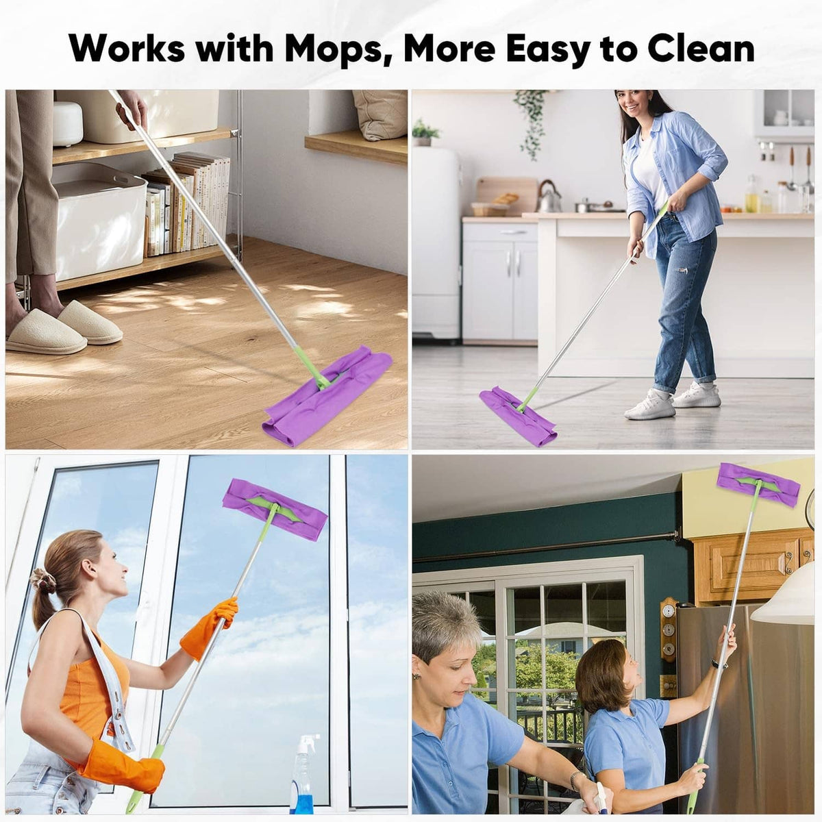 Purple microfiber cleaning cloth attached to a mop for floor cleaning
