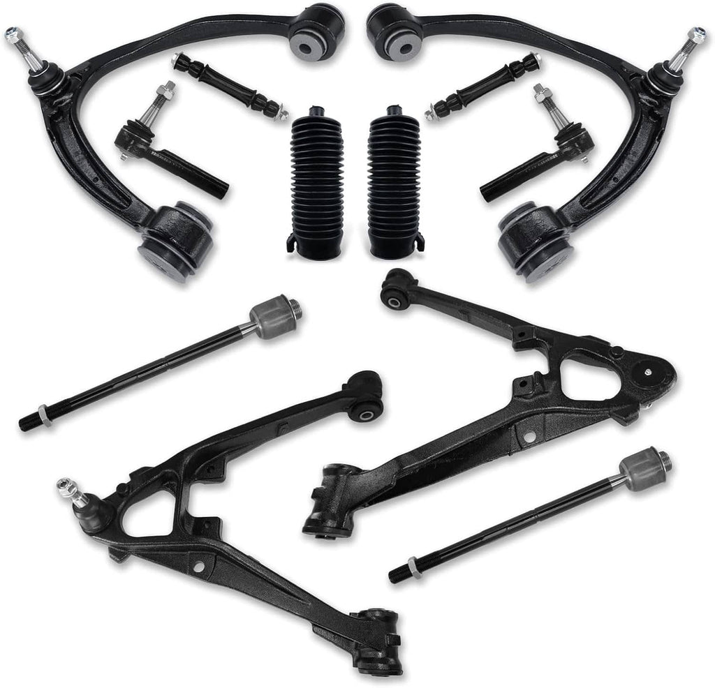 Front control arm set with ball joints, tie rods, and rubber boots; black steel parts